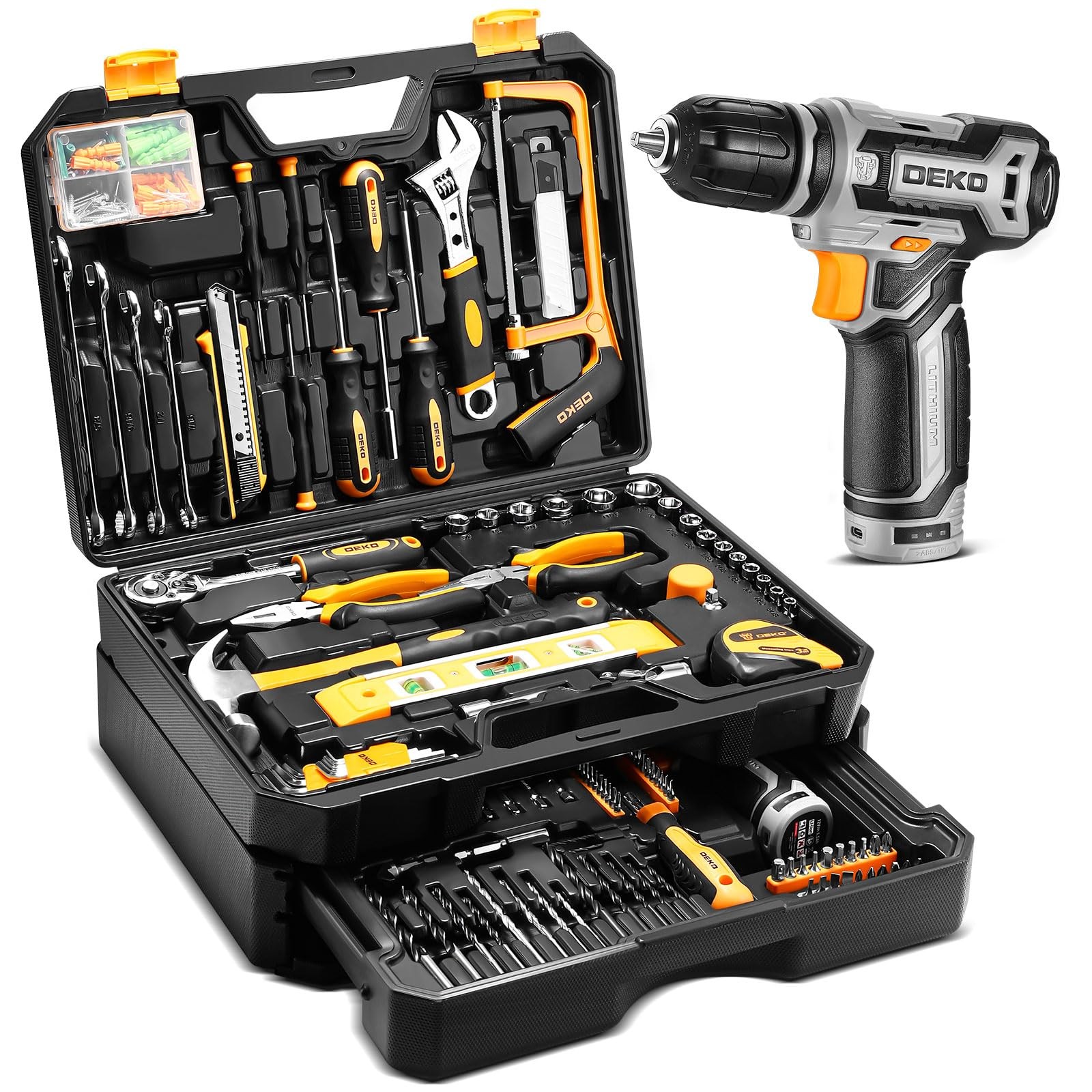 DEKOPRO Home Mechanic Toolbox with 12V Power Cordless Drill Hand Repair Tools