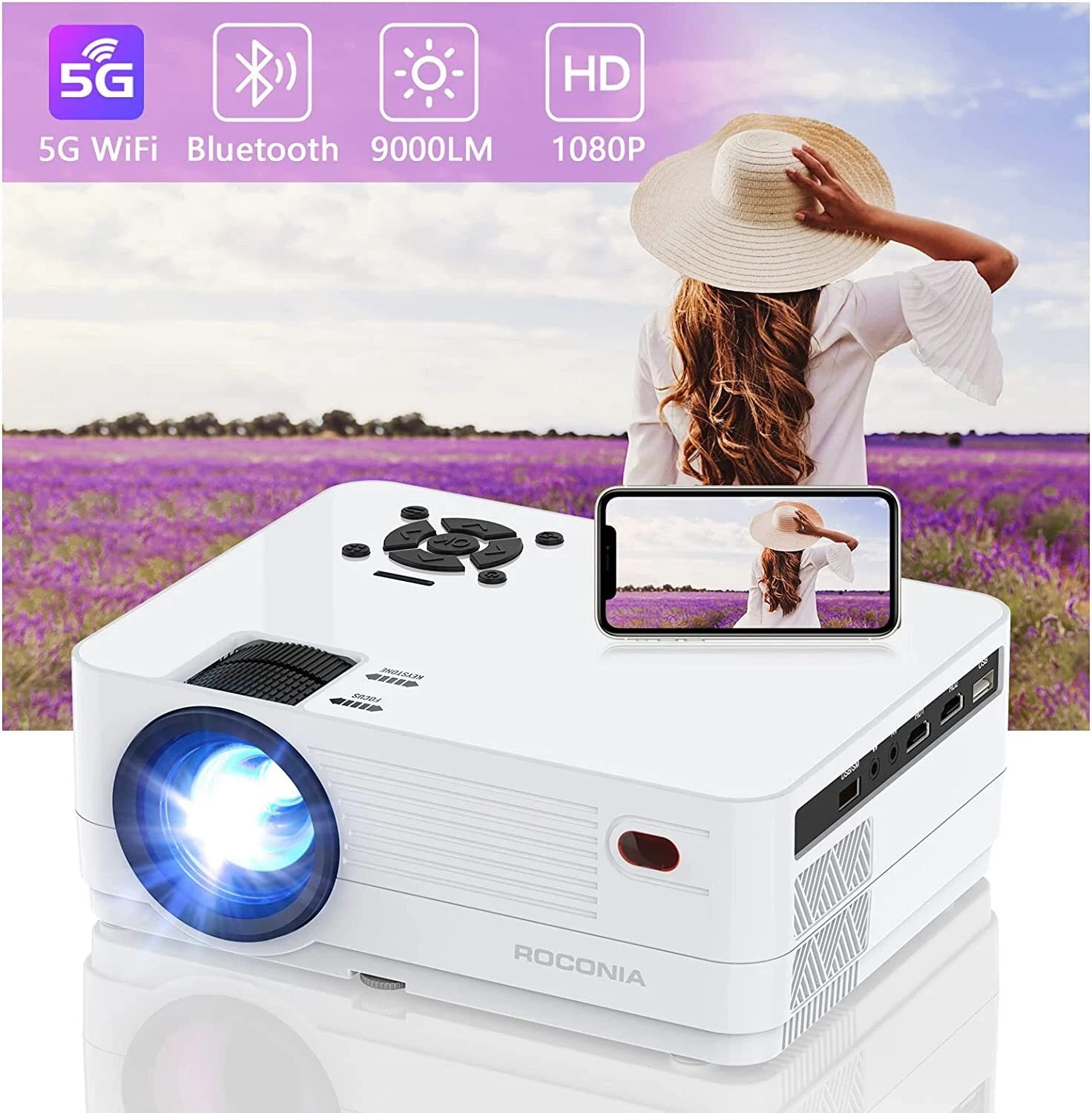 Full HD Movie Projector Roconia Q5 9000LM 5G WiFi Bluetooth Native 1080P New