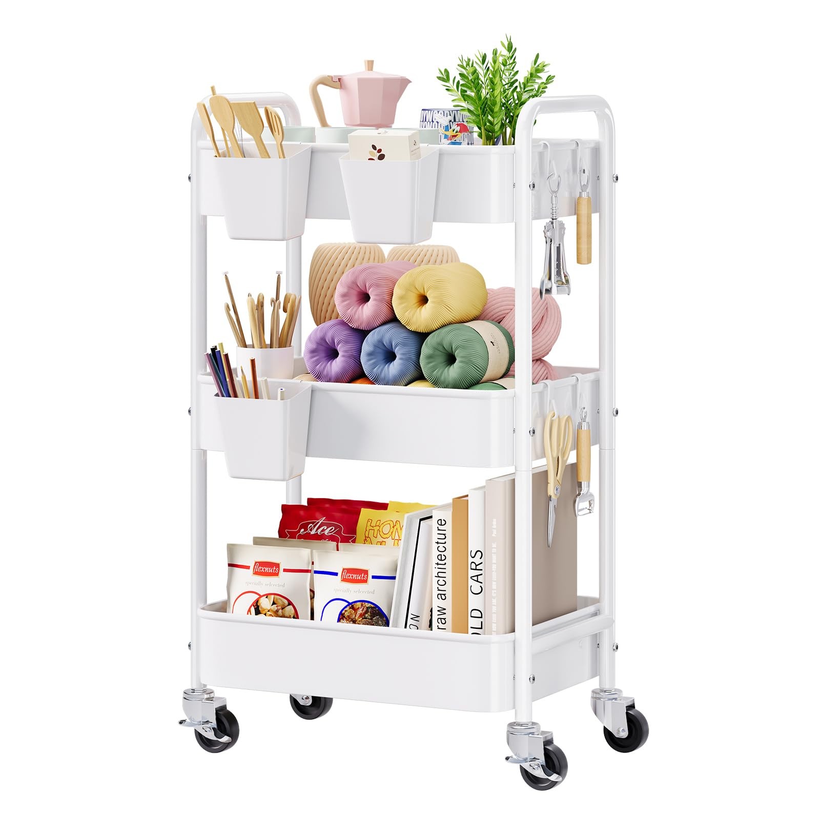 3 Tier Rolling Cart Metal with Wheels, White Three Tiered 3 Tier,