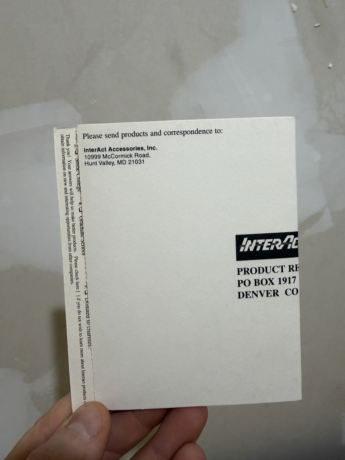 Interact Video Game Accessories Product Registration Card Insert 3708-8610 Vtg