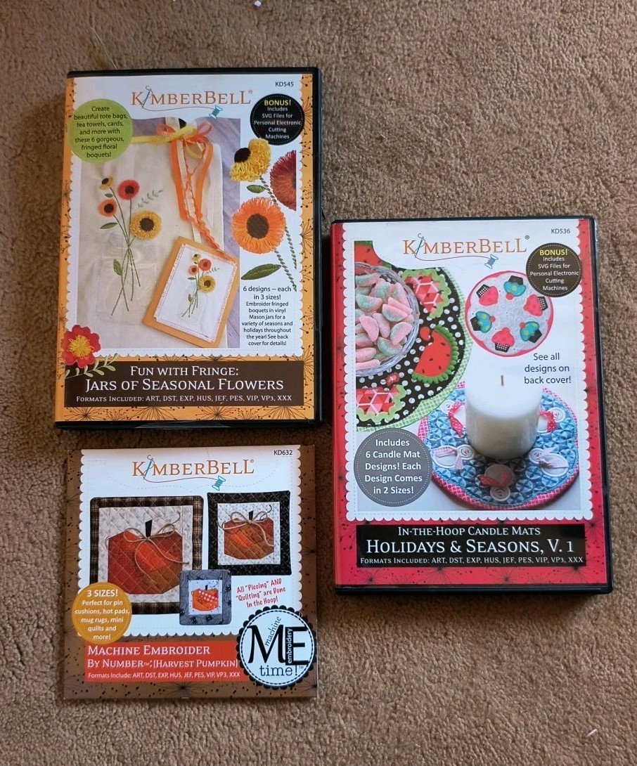 Lot of 3 Kimberbell Machine Embroidery Designs, KD545, KD536, KD632 EUC