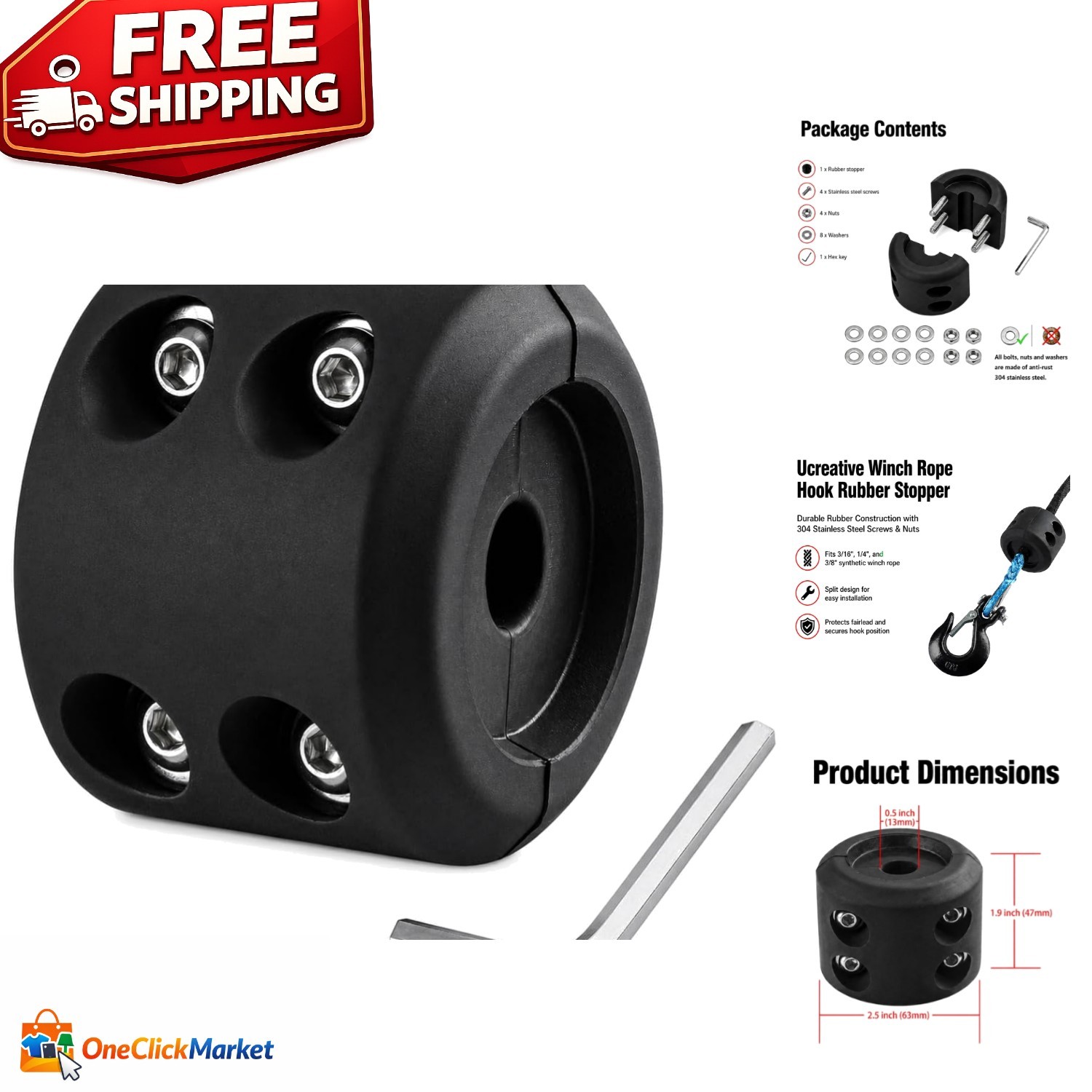 High-Quality Rubber Winch Rope Stopper with Anti-Rust Stainless Steel Components