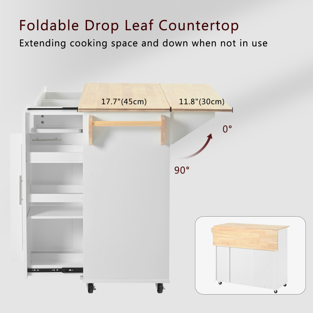 Kitchen Island with Drop Leaf with 3 Tier Pull Out Cabinet Organizer, White