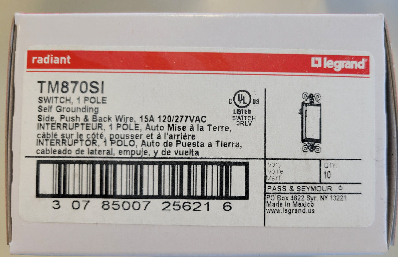 (10) NEW P&S TM870S-I Ivory Decorator Single Pole Rocker Switches 15A 120/277VAC