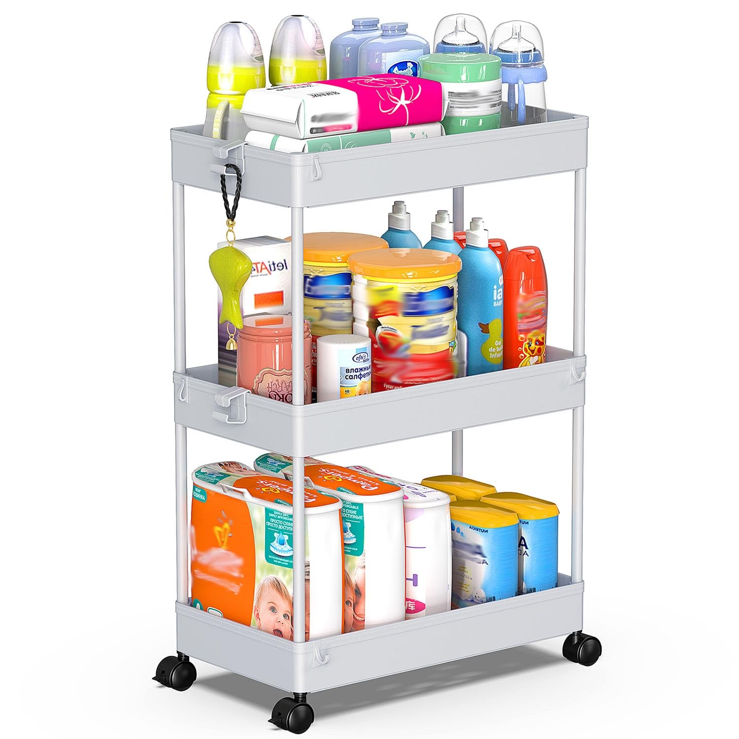 Rolling Storage Cart 3 Tier Bathroom Cart Organizers with Wheels Laundry Room...