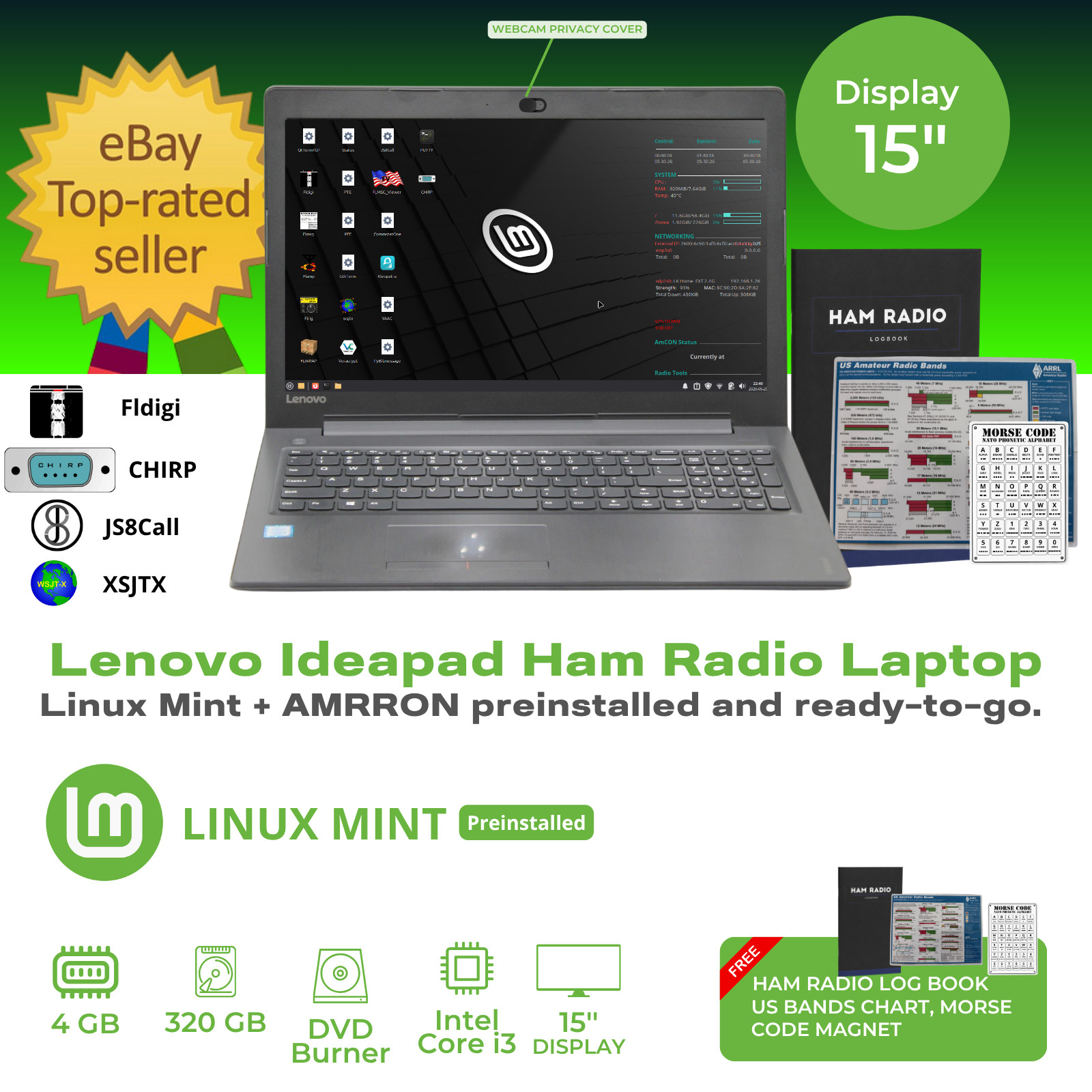 AMRRON Ham Radio Laptop PC Kit FLDIGI JS8Call HamClock 320GB 4GB Linux Mint