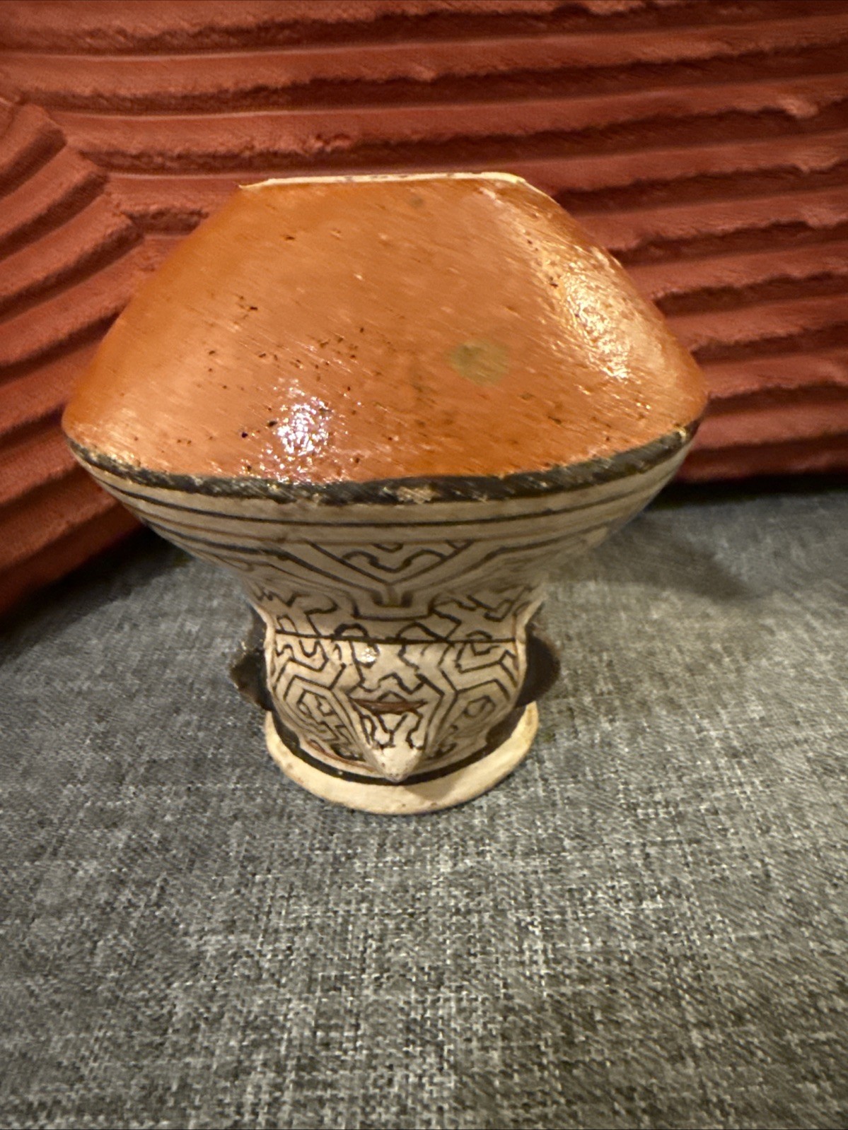 Vintage Peruvian Shipibo Conibo Hand Made Painted Face Clay Pottery Jug Peru 5.5