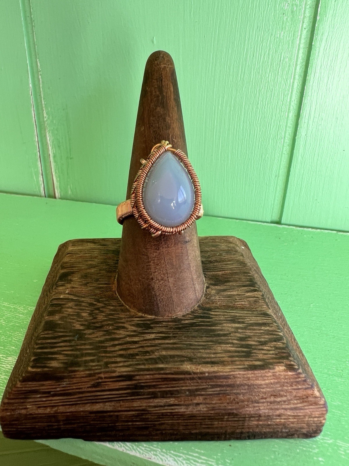 Blue Chalcedony crystal copper wire wrapped ring handmade