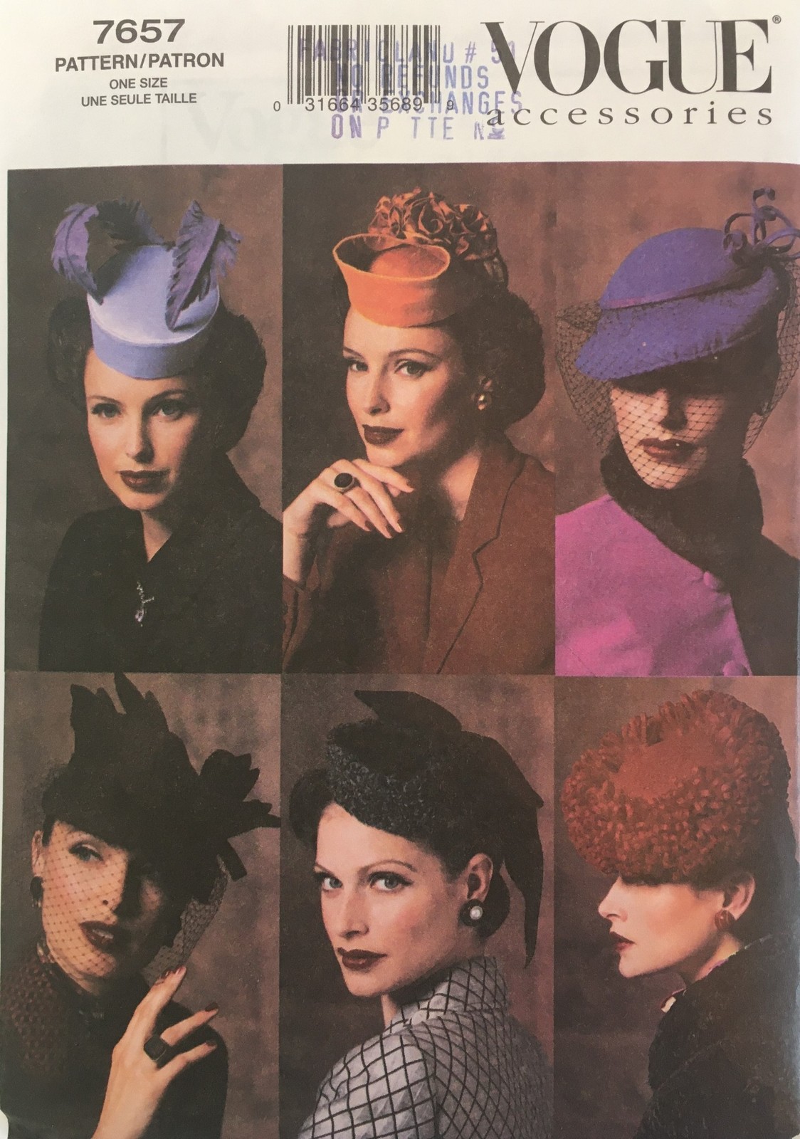 Vogue Sewing Pattern 7657, vintage-inspired Hats,  Pillbox, Veil, etc