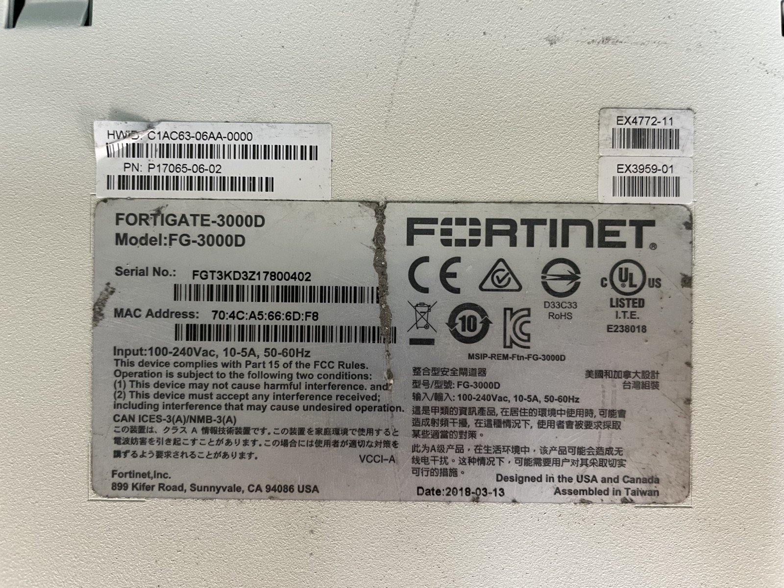 Fortinet FortiGate 3000D Firewall FG-3000D Dual Power +Ears /Registered