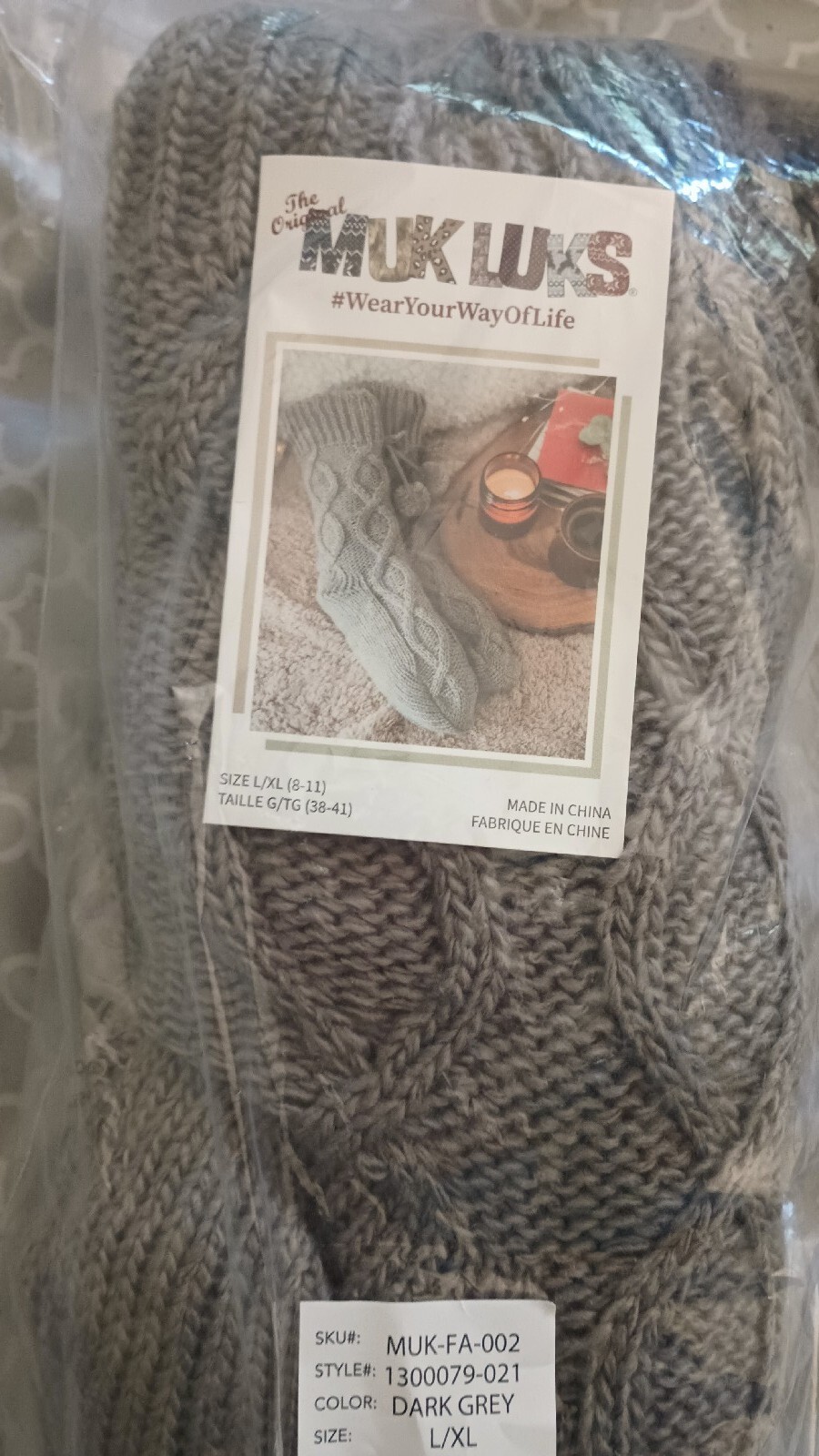 Muk Lucks Dark Grey Knit Slipper Socks Cable Knit Women's Size L/XL NIP