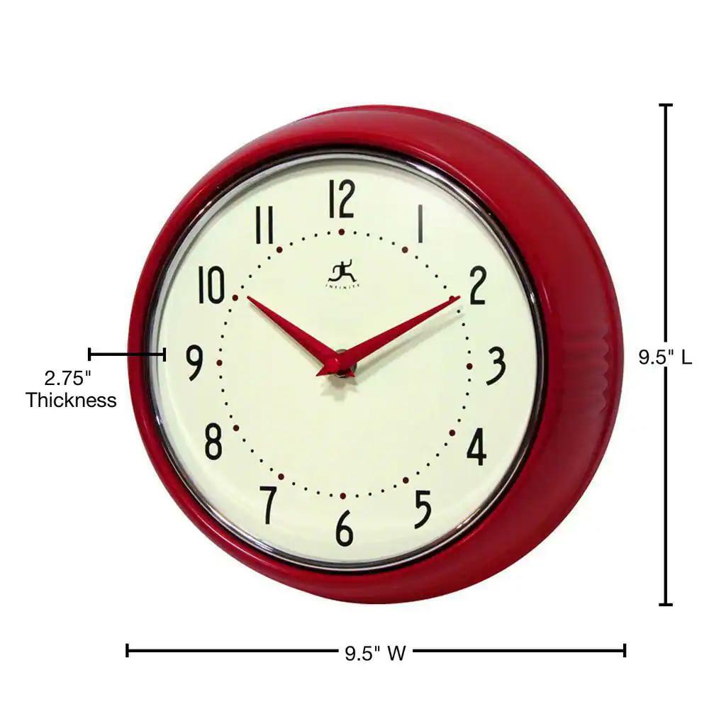 Infinity Instruments Retro Wall Clock Red Metal Quartz Movement Chrome Trim Ring