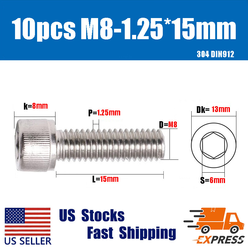10PCS New M8X 15mm 304 Stainless Steel Allen Hex Socket Cap Head Screws DIN912