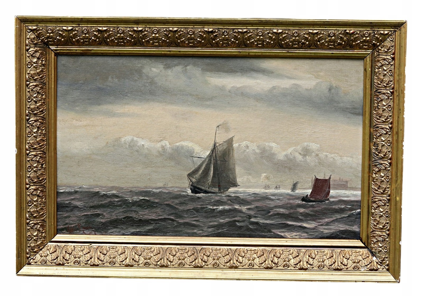 Otto Lusty – Seascape With Sailboats – Oil On Canvas – 19th Century – Frame