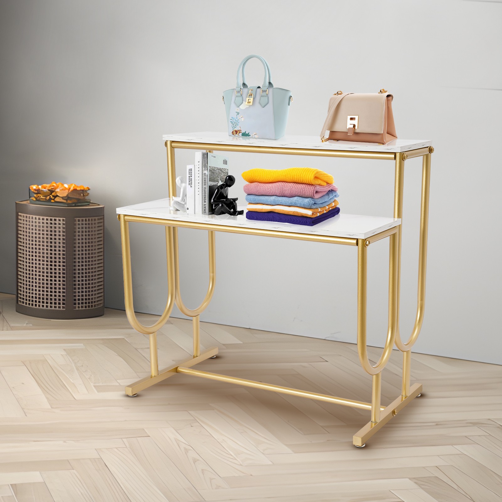 Purse Display Stand, Free Standing Handbag Display Stand, 2 Tier Display Table
