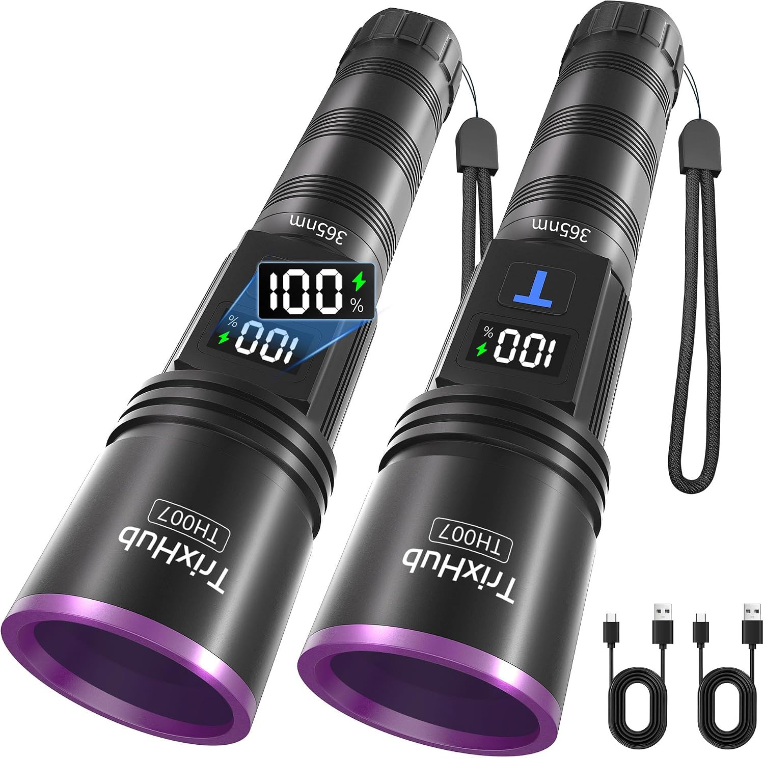365Nm Black Light Flashlight 2 Pack, UV Flashlight Rechargeable with LCD Display