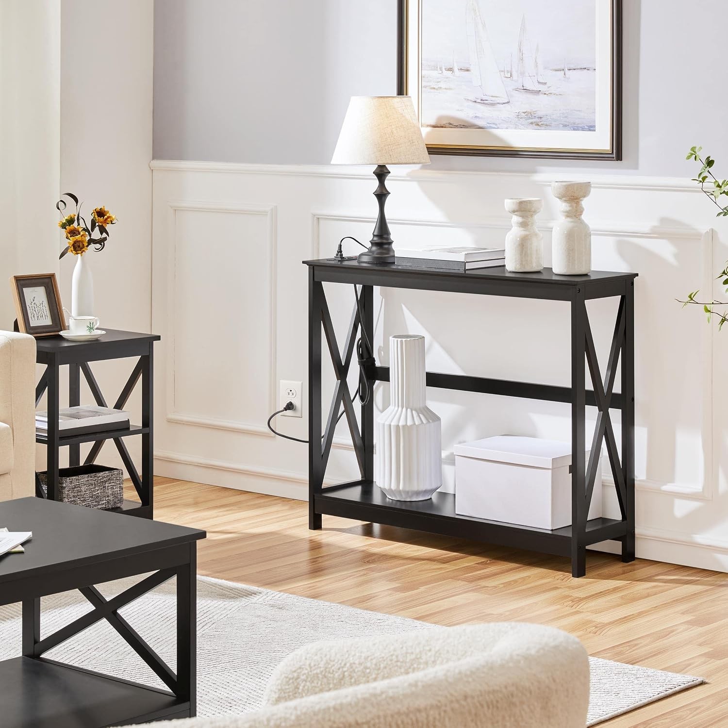 40" Narrow Entryway Console Table with 2 Outlets, Black X-Frame | Buil