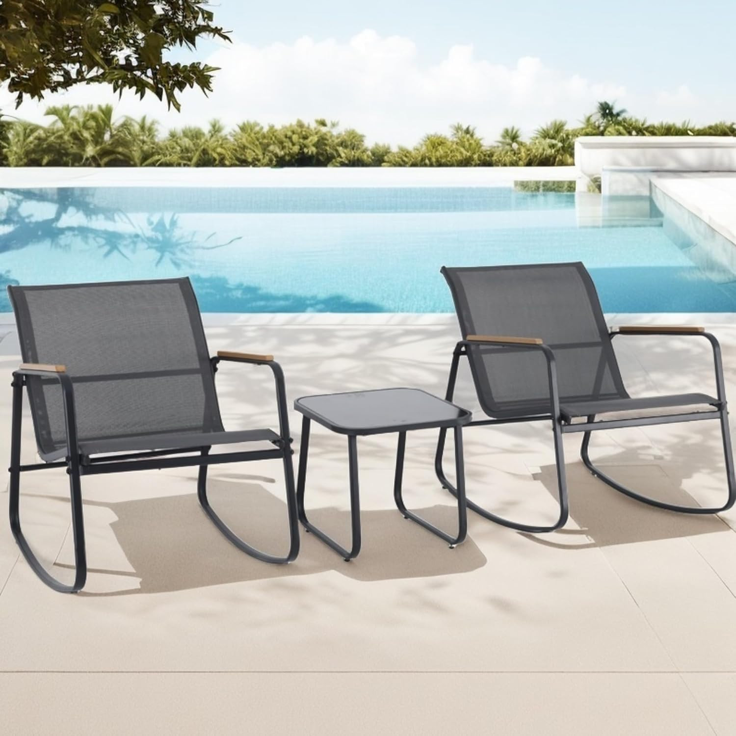 Patio Rocking Bistro Set, 3 Piece Durable Textilene Outdoor Furniture Set, Woode