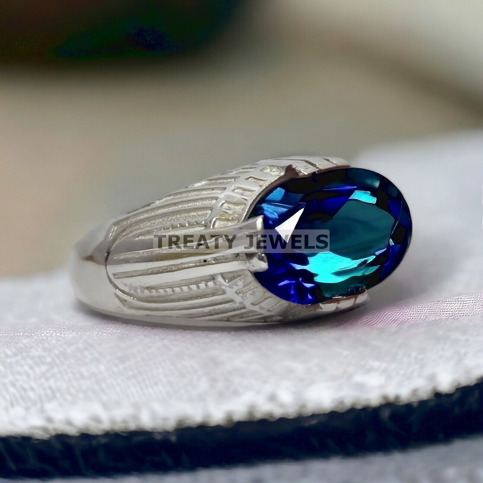 Alexandrite Oval Cut  Gemstone With 14K Solid White Gold Ring For Men's #44