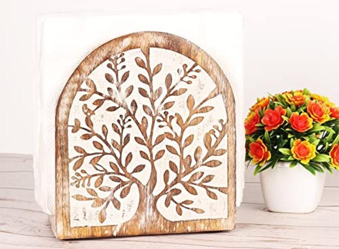 Mother’s Day Wooden White Wash Tree of Life Napkin Holder, Decorative Tissue