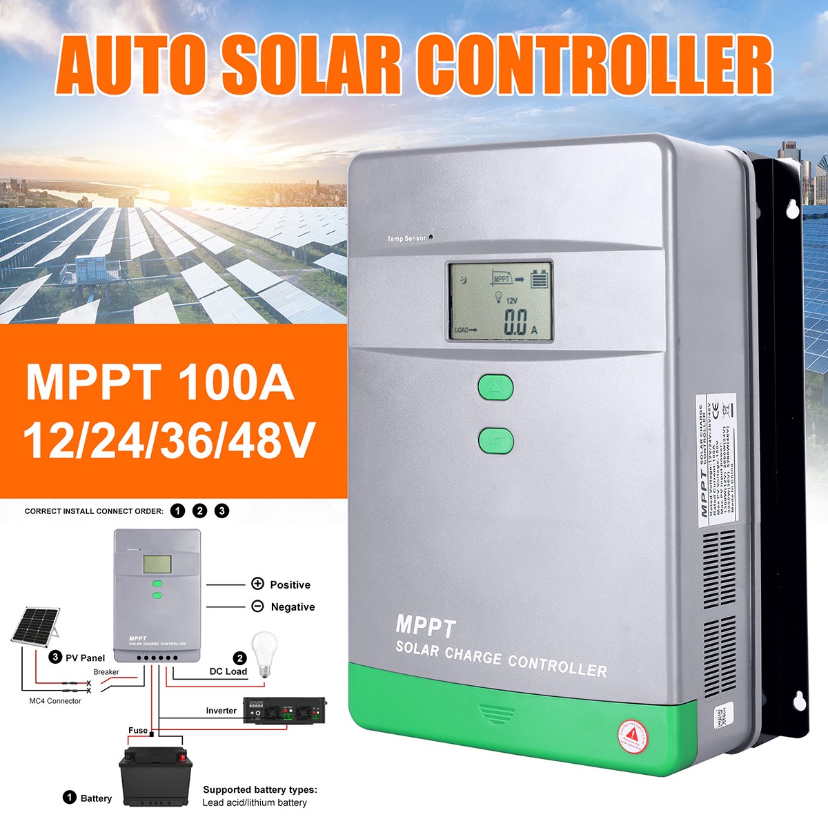 100A 12V/24V Solar Panel Battery Charge Controller LCD Auto Regulator Auto Focus