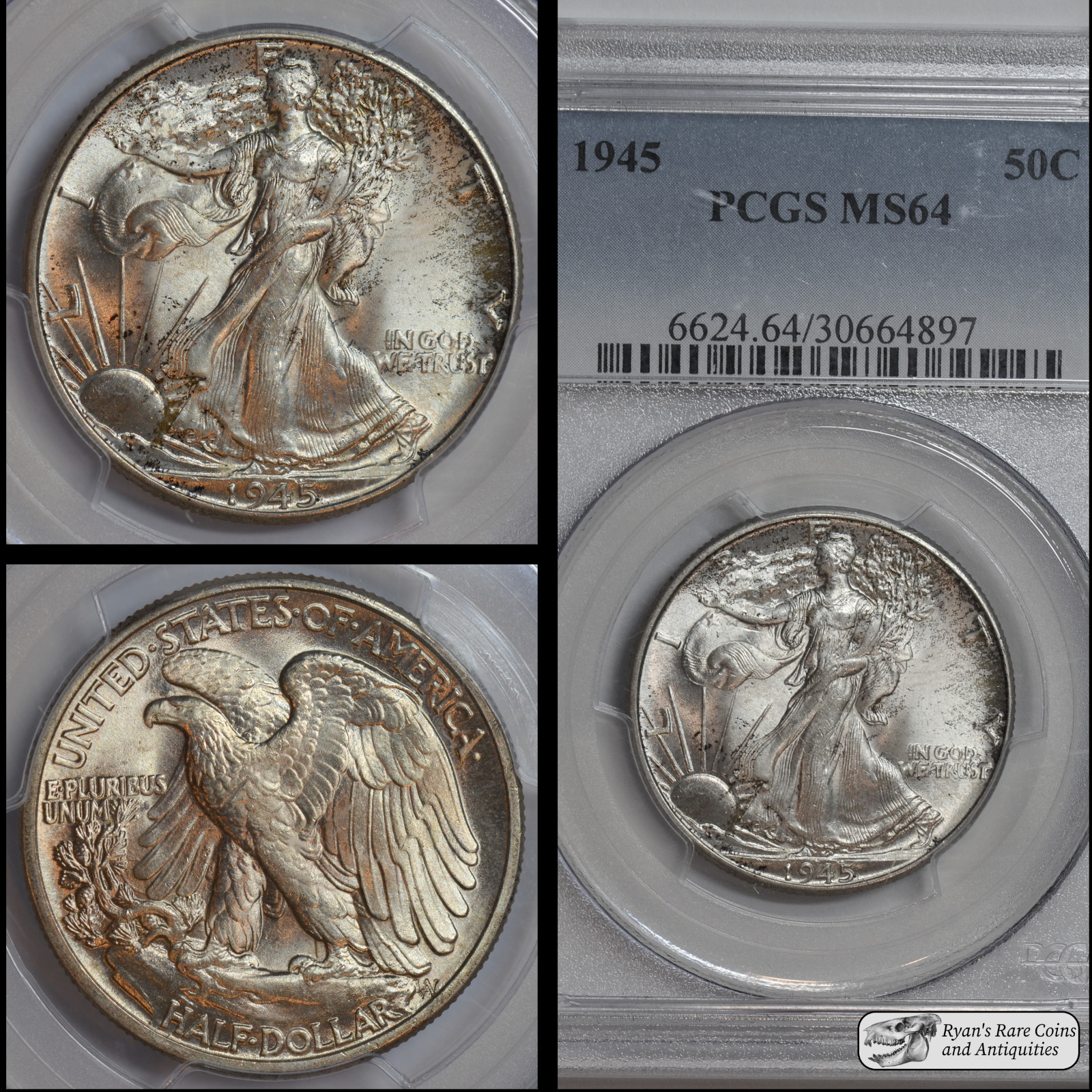 1945 Walking Liberty Half Dollar, PCGS MS64, Light Obverse Toning, C7093