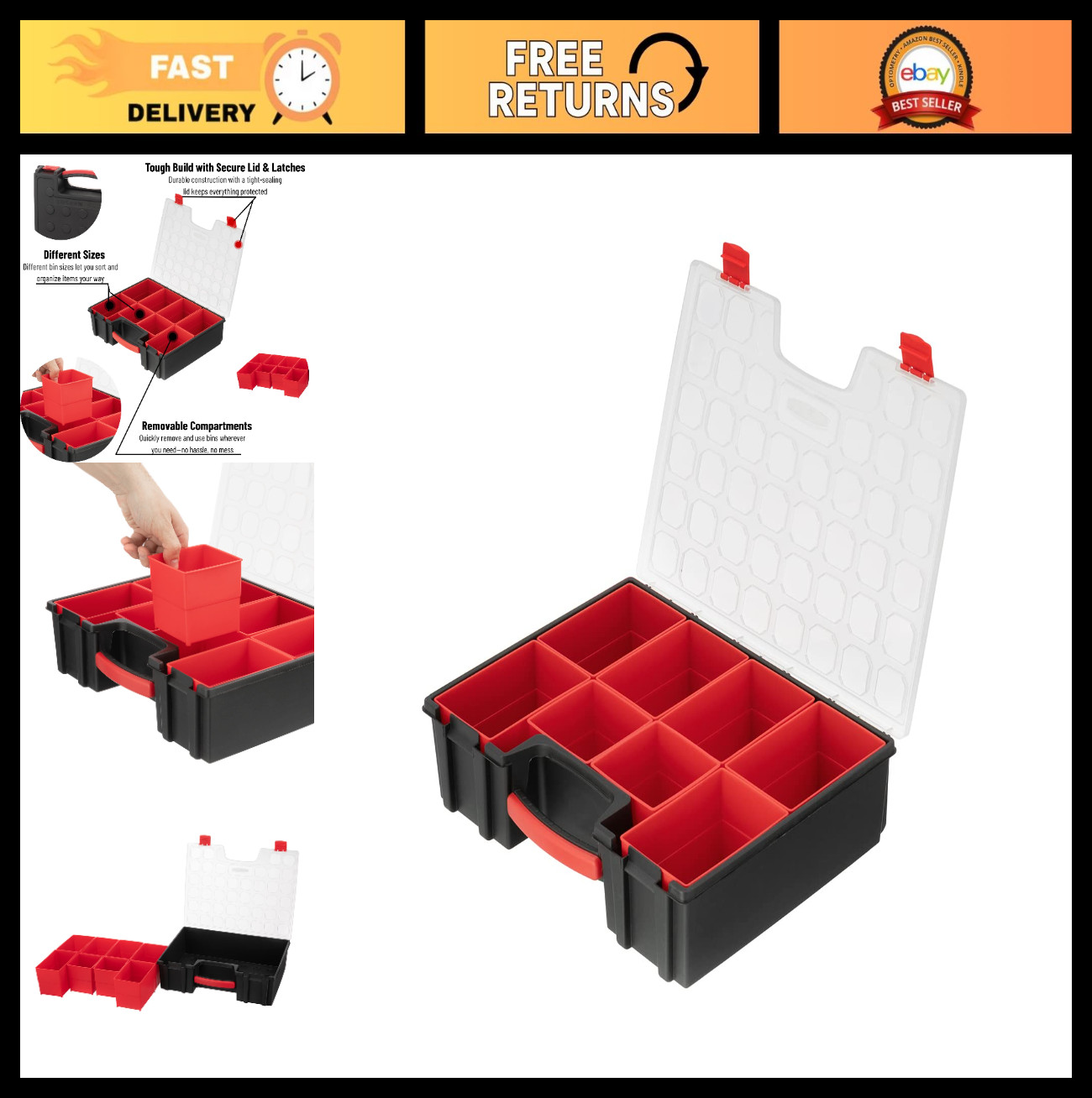 Portable Hardware Organizer with 8 Deep Bins - Tool Storage Box for Nuts, Bolts,