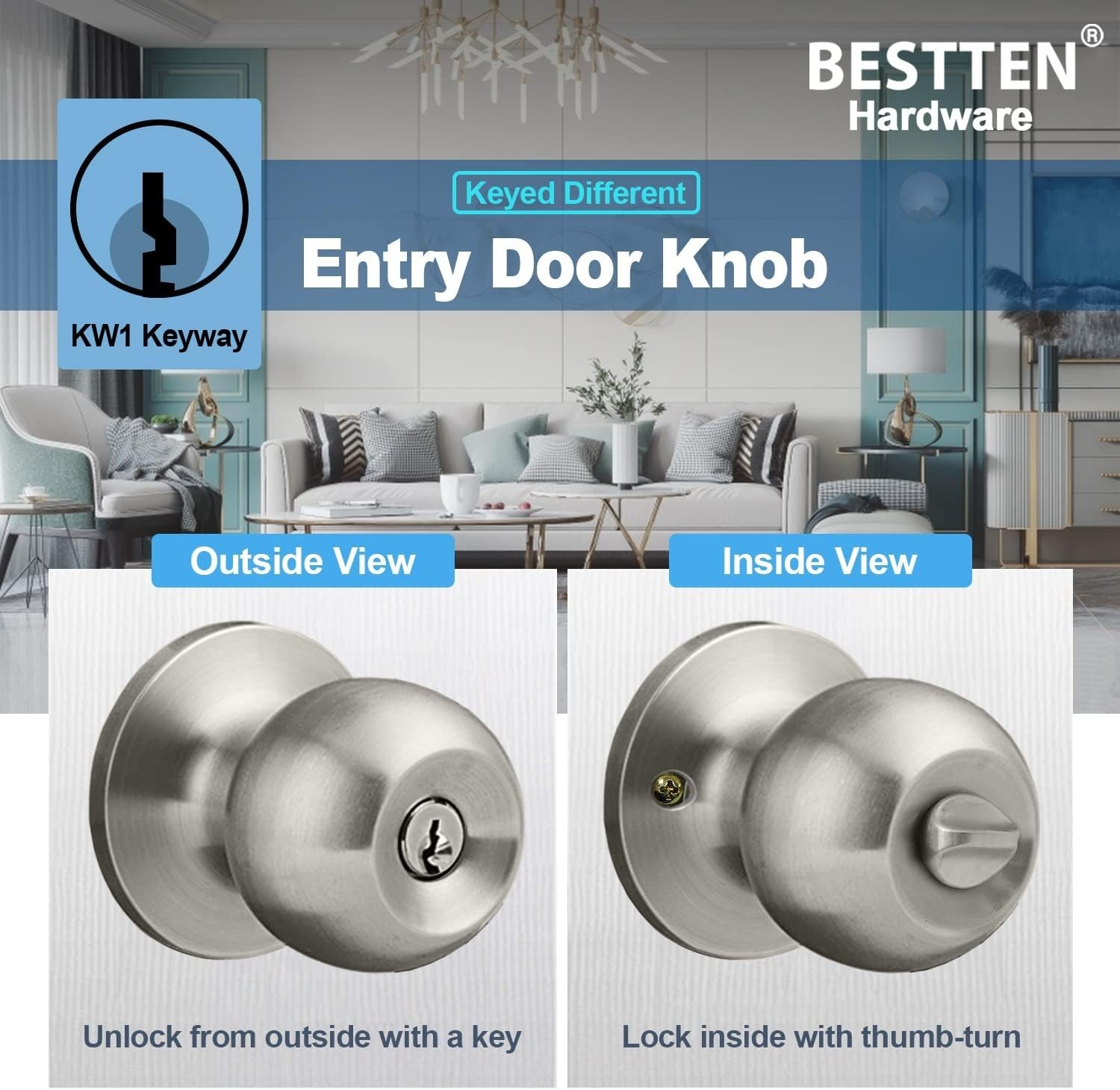 Elegant Satin Nickel 2 Pack Entry Door Knobs – Keyed Differently for Security