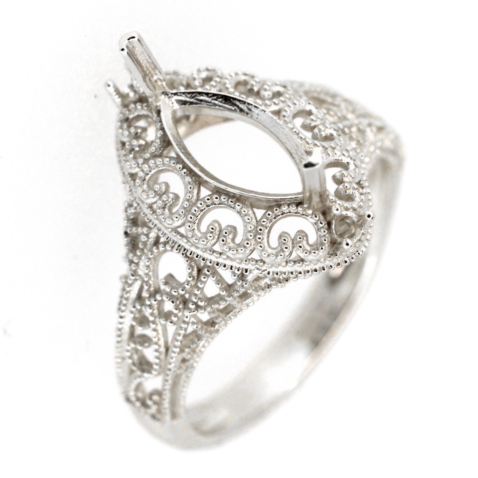 Sterling Silver Semi Mount Ring Setting Marquise MQ 10x5mm Art Deco Style