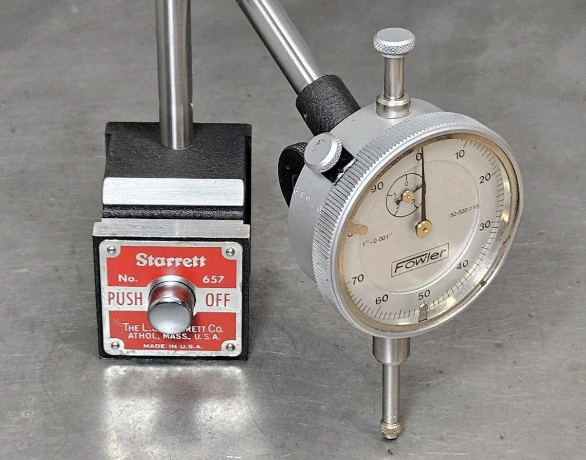 Starrett No. 657D magnetic base with a Fowler 1" dial indicator - 657