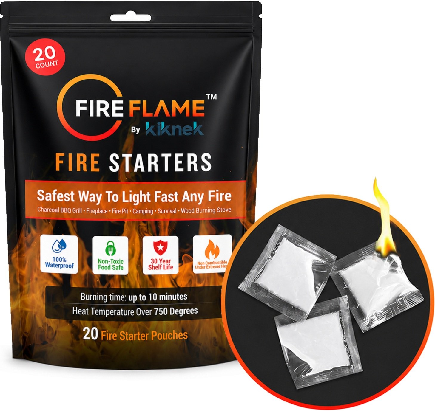 Fireflame Quick Instant Fire Starter - 100% Waterproof Indoor & Outdoor, 20 Pack