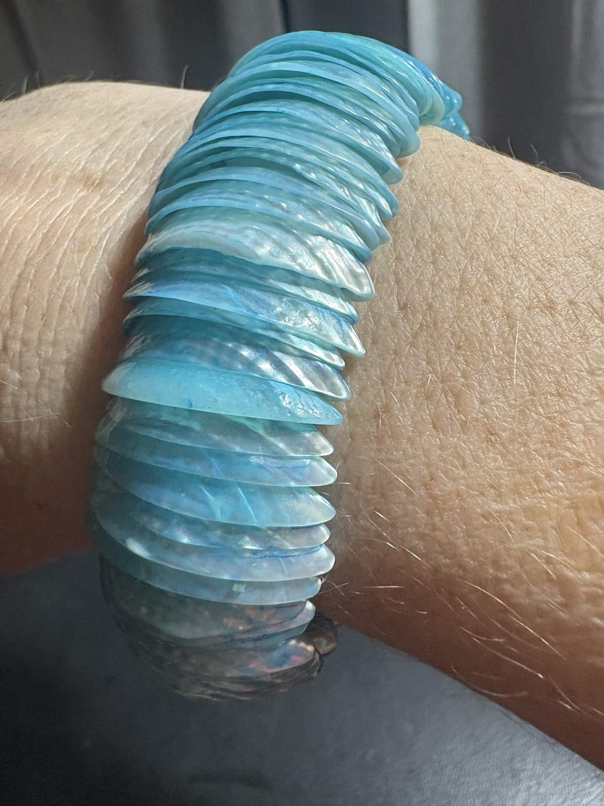 Handcrafted Blue White Shell Stretch Beaded Bracelet Irregular Dyed Nature Theme
