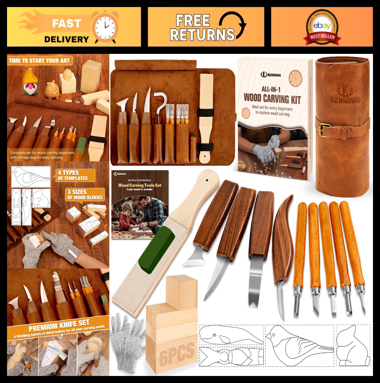 24Pcs Wood Carving Tools Set, Whittling Knife Kit, Templates & Basswood Blocks