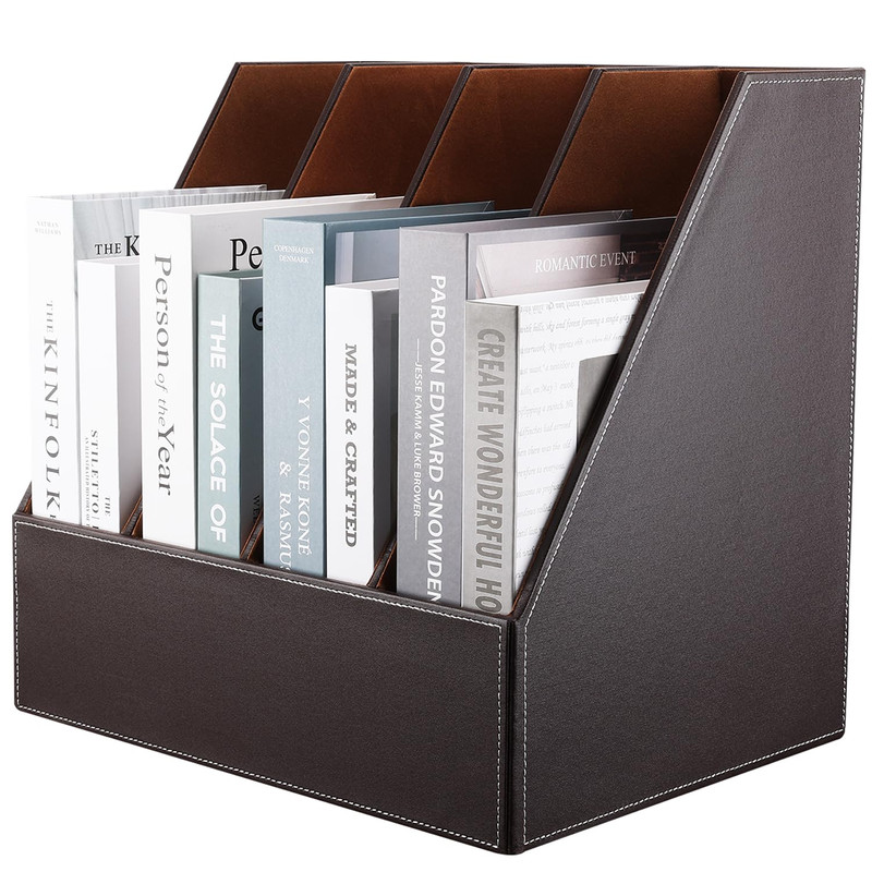 Kingfom 4-Slot Wood Leather Document Files Holder Rack Stand Desk Files