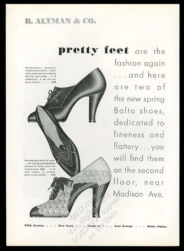 1935 B. Altman women's fashion shoes 3 styles heels pumps vintage print ad