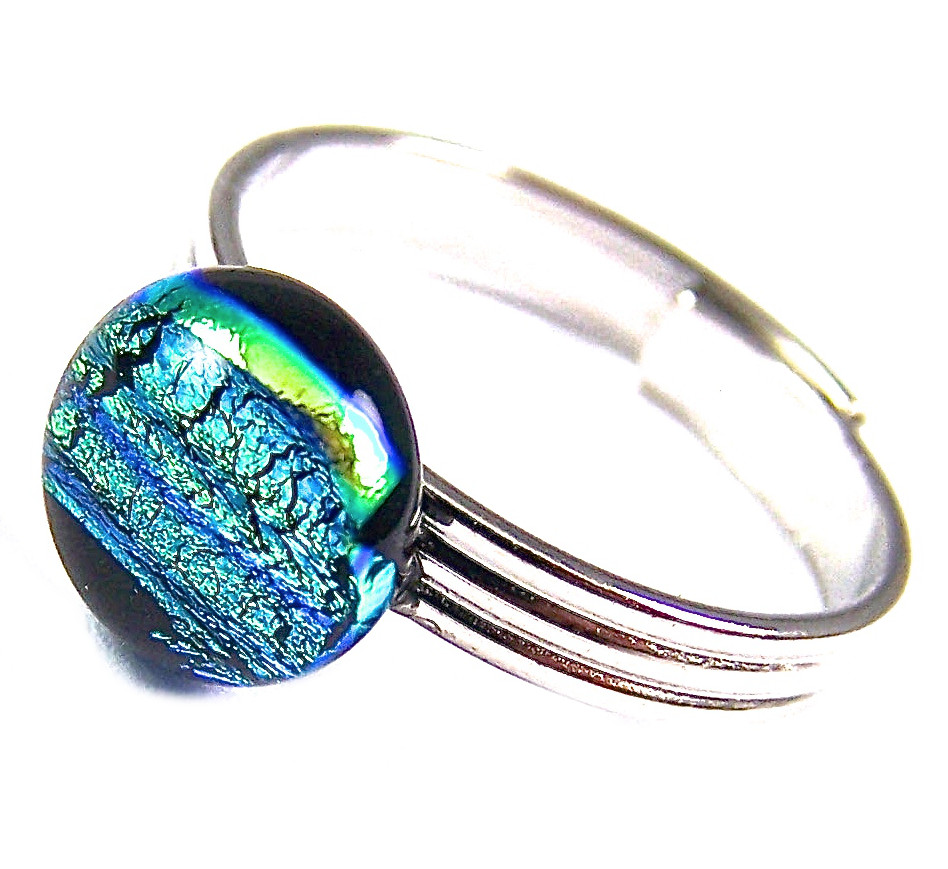 Dichroic Glass Ring Adjustable Yellow Green Stripe Round Dot Tiny 1/4" 8mm Small