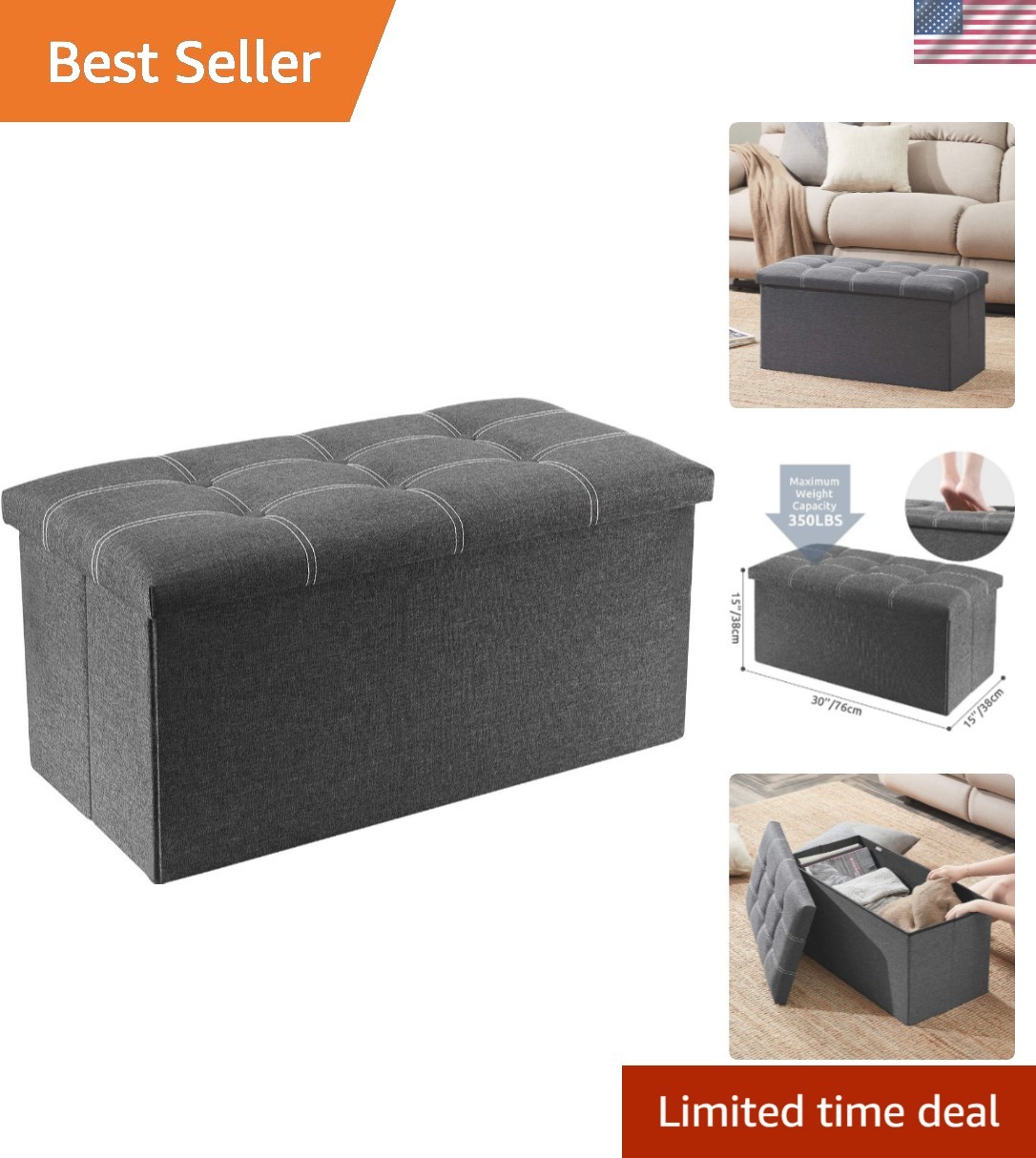 Easy-Setup 30” Folding Storage Ottoman - Essential for Living Room or Bedroom