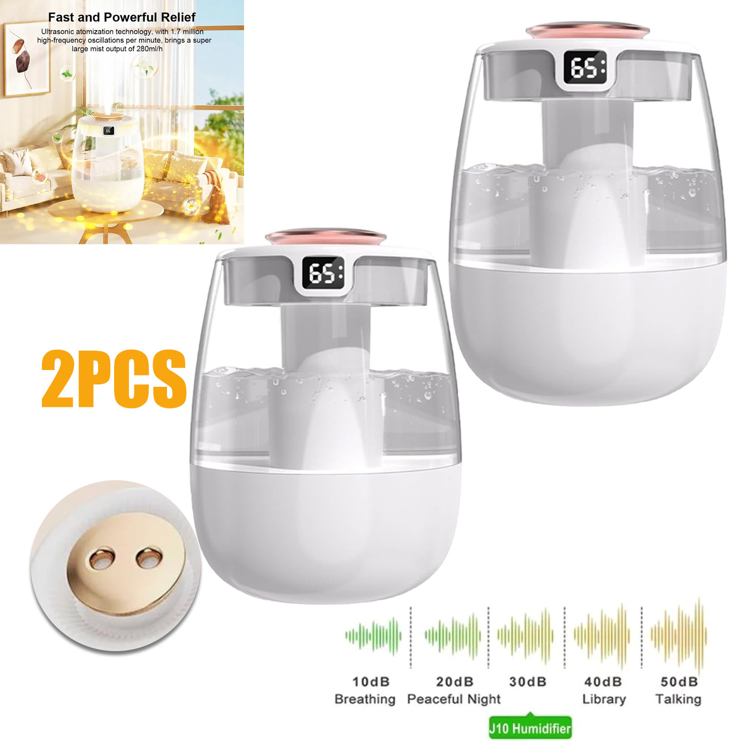 2Pack 1.3L Ultrasonic Humidifier: Dual-Mist, Top-Fill, LED Light -for Bedrooms
