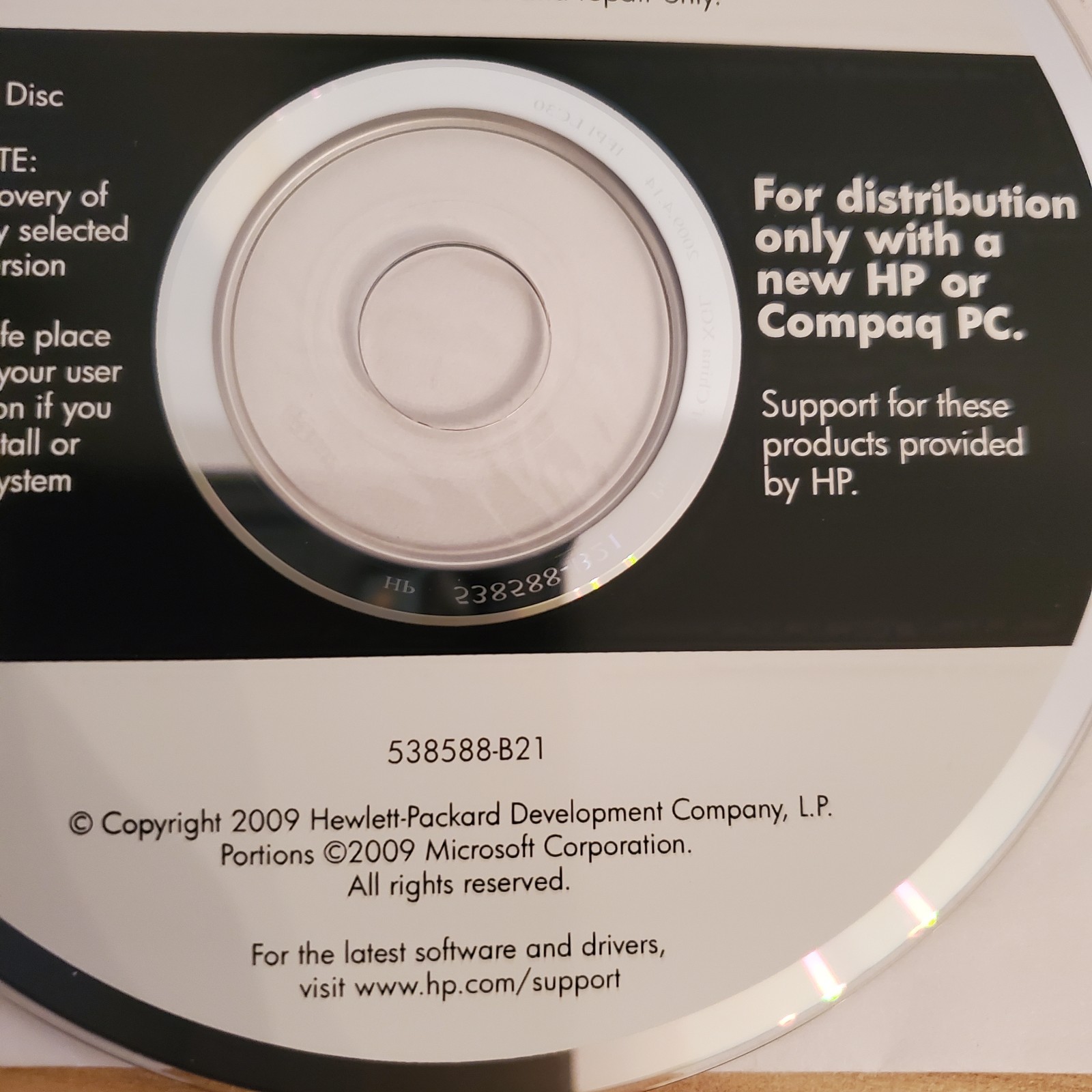 HP Compaq Application and Driver Recovery CD 538588-B21