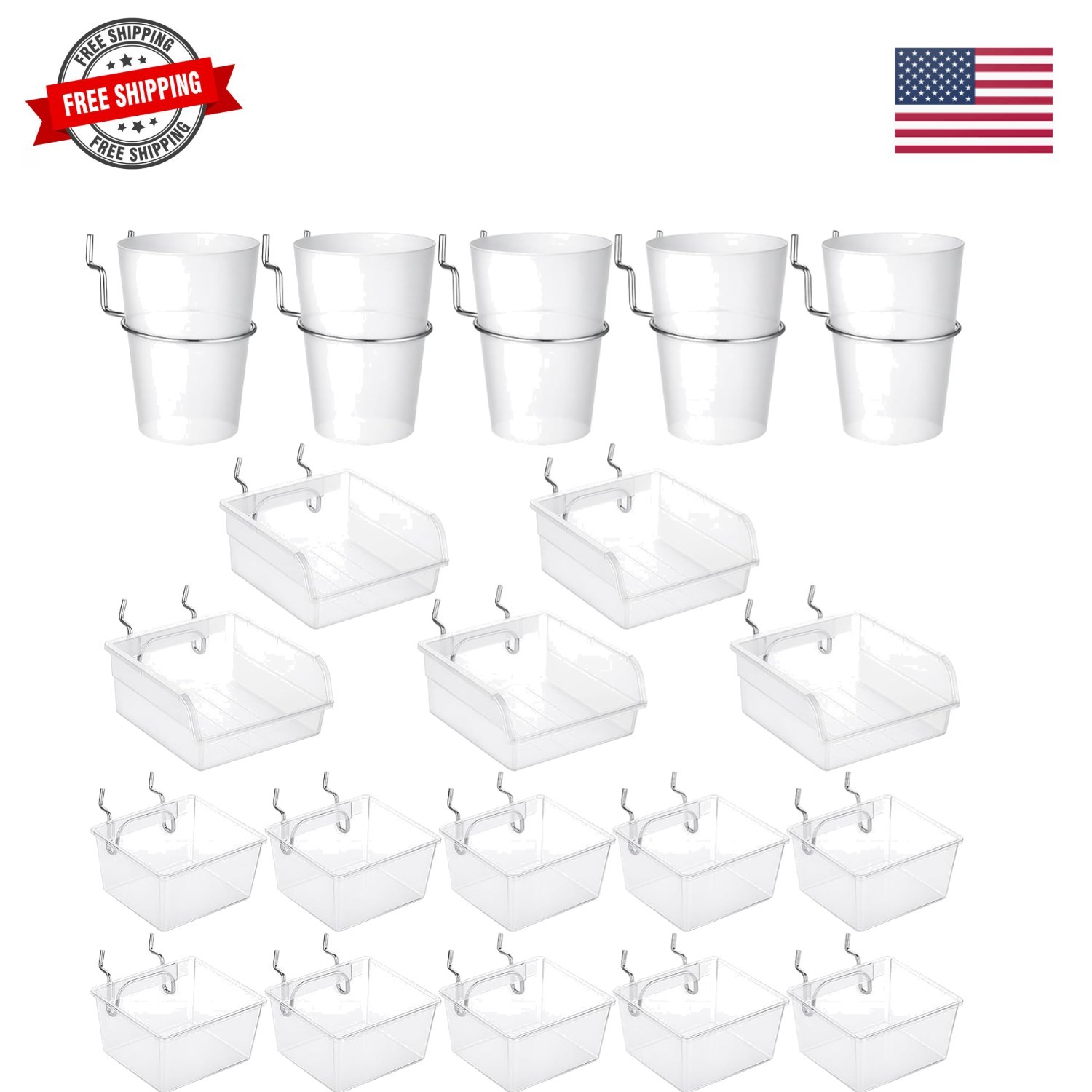 20 Pcs Pegboard Bins and Cups with Hooks and Loops, Transparent Plastic Pegbo...