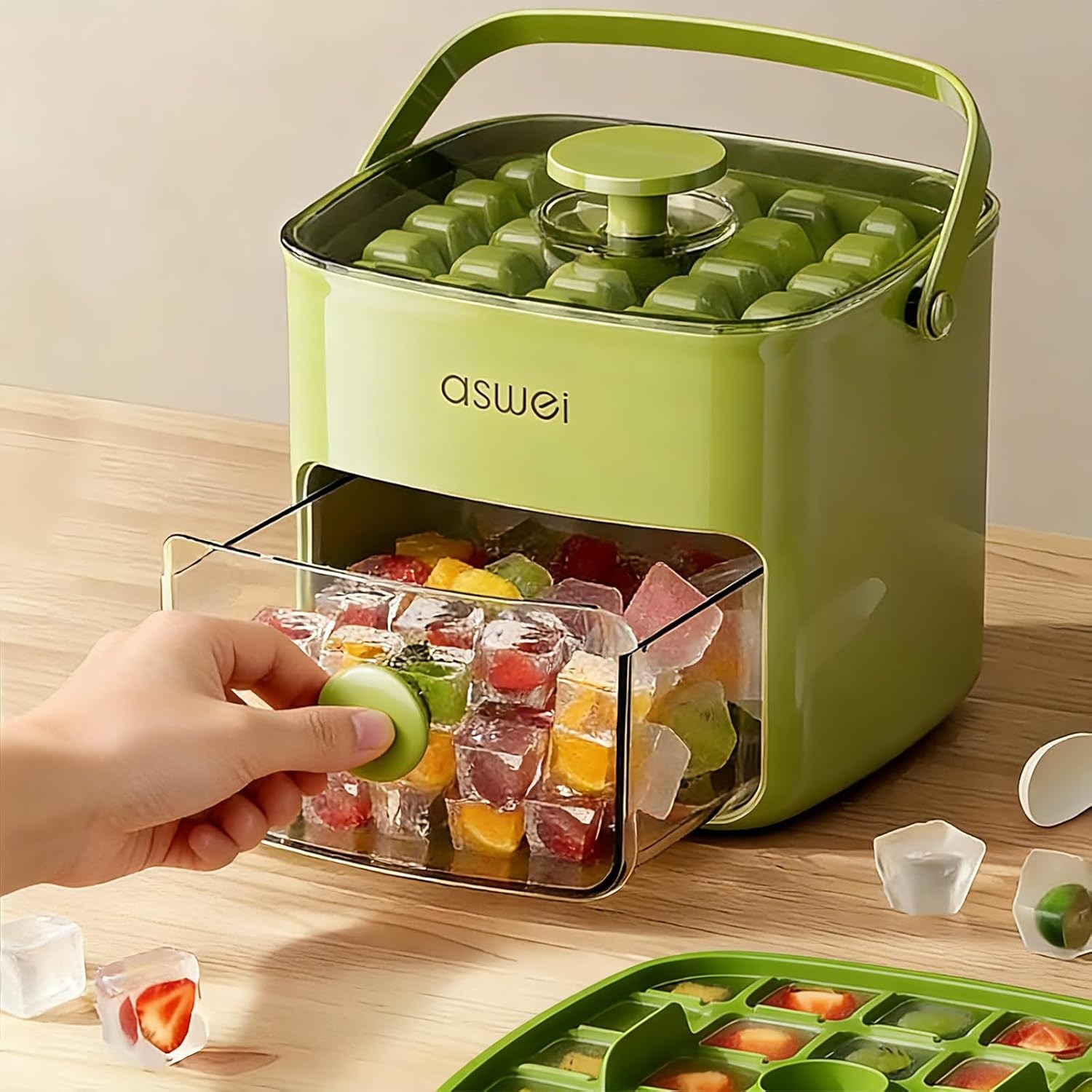 Compact Ice Cube Tray W/ Lid & Bin Mini Press-Type Ice Cube Maker Freezer