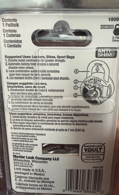 Master Lock 3-Digit Combination Padlock 3X 1500D 1-7/8" NEW