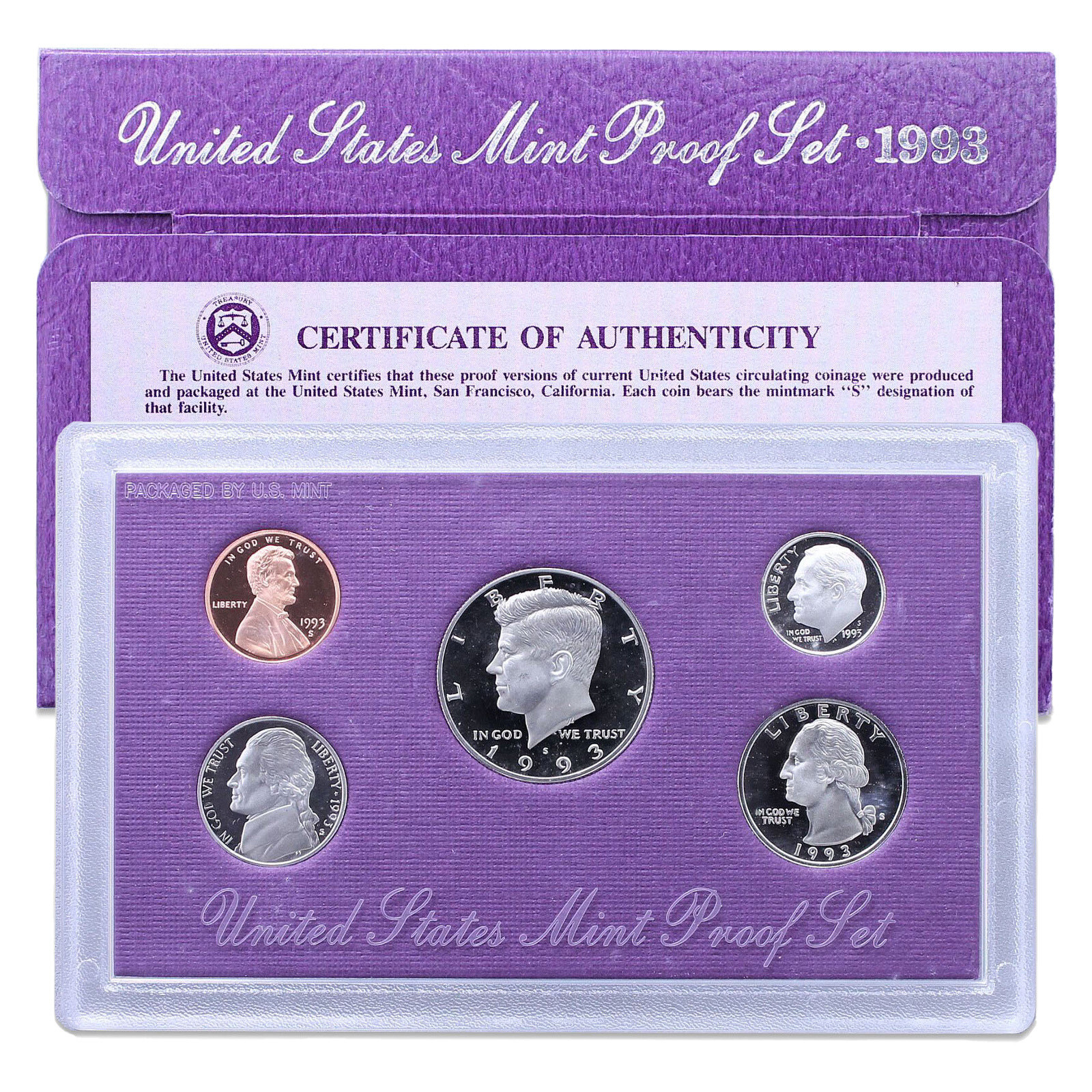 1993 S Proof Set Original Box & COA 5 Coins CN-Clad