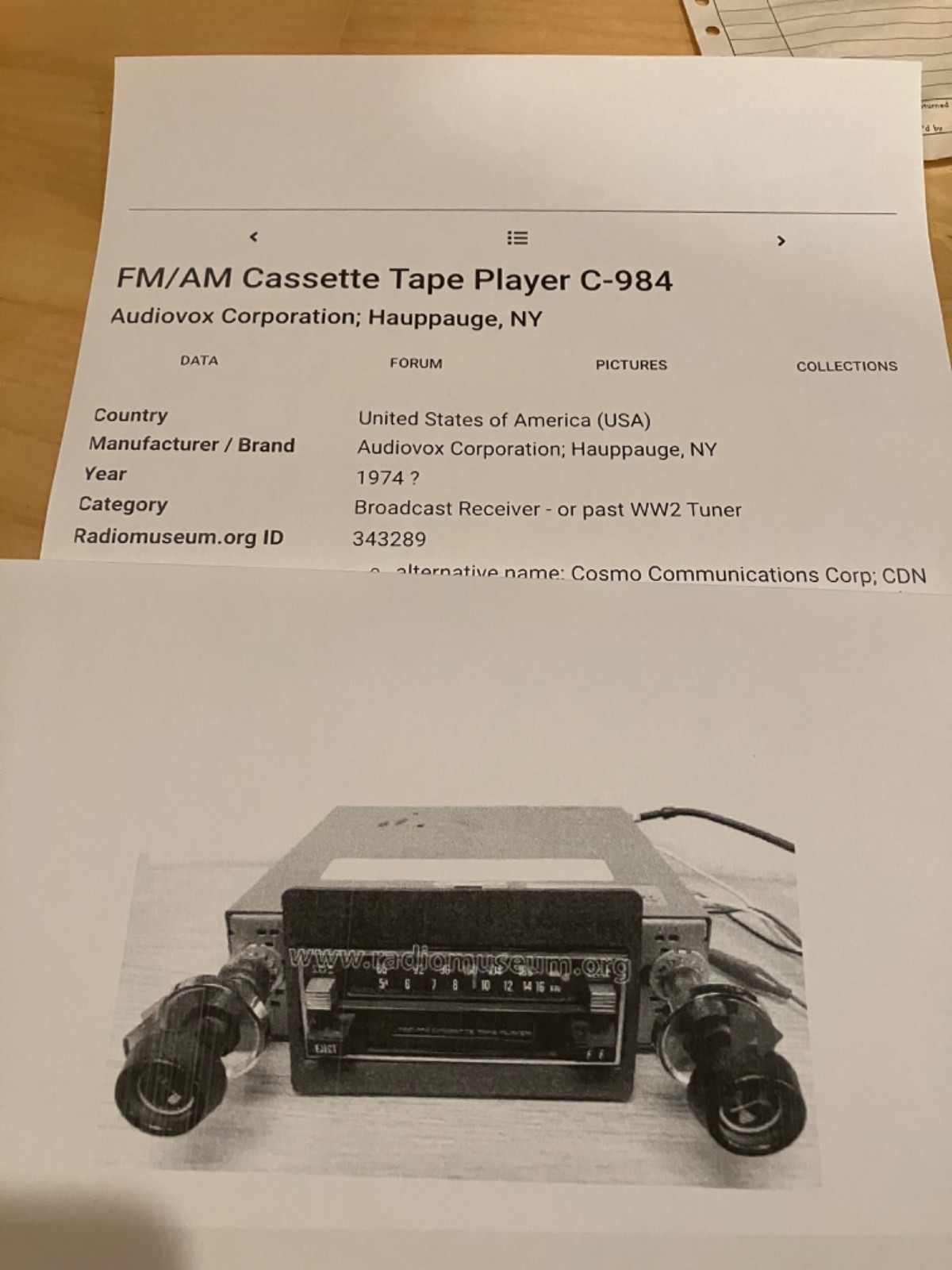 Audiovox C-984 AM-FM car stereo Cassette In-Dash player paperwork, etc