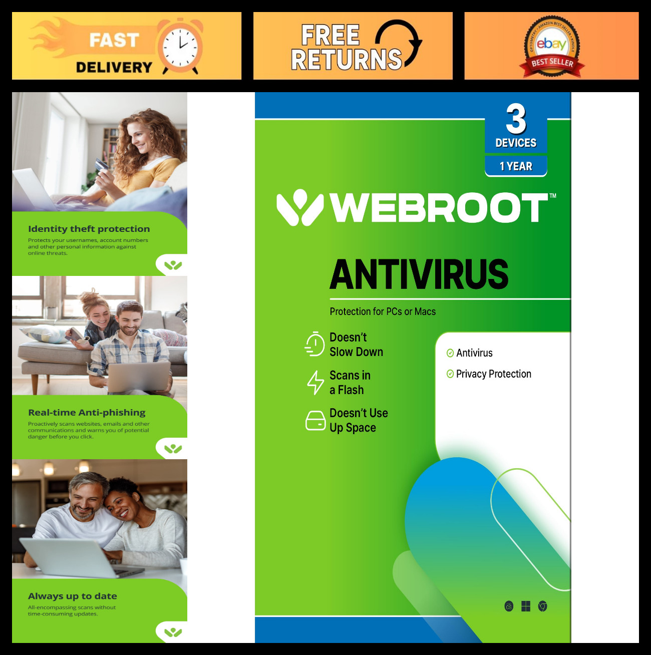 Webroot Antivirus 2026 - 3 Devices, 1 Year License for PC/Mac, Keycard Included