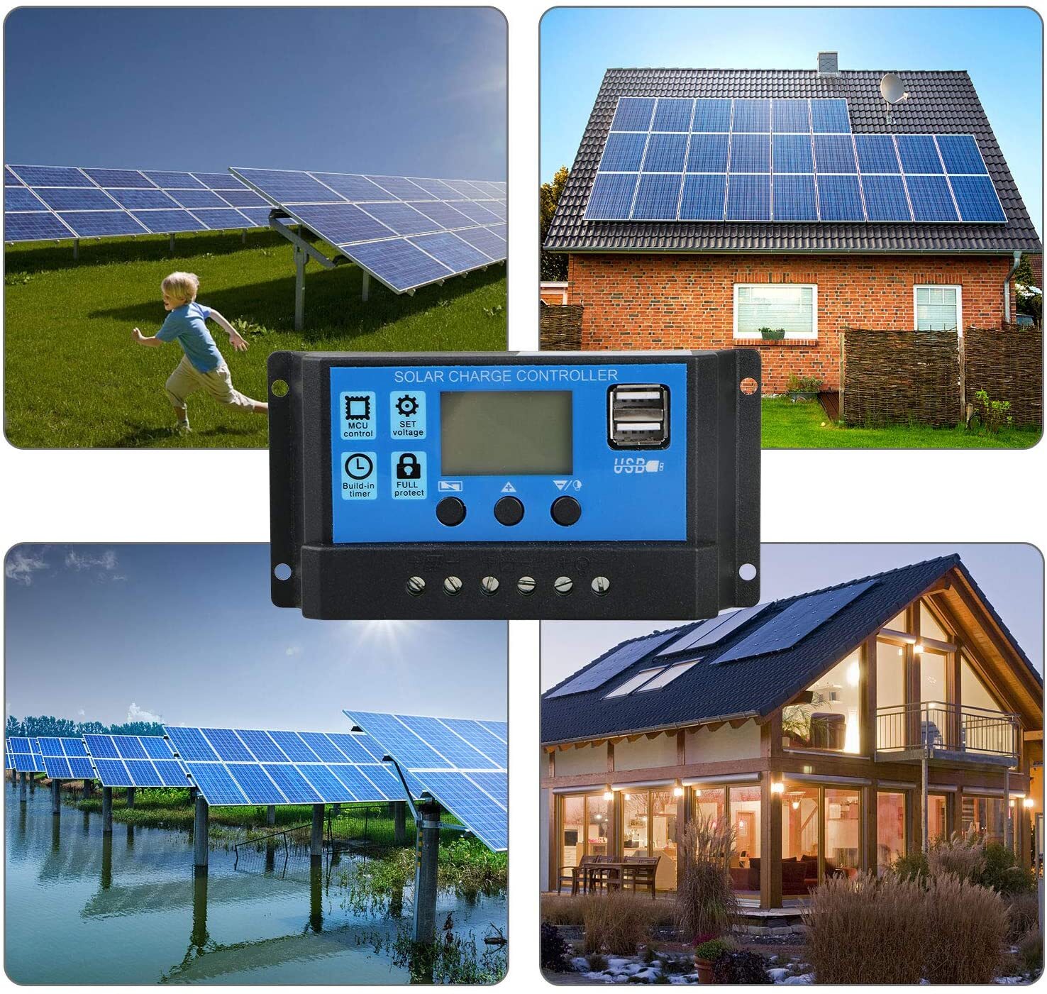 60A Solar Panel Battery Charge Controller 12V/24V LCD Regulator Auto Dual USB US