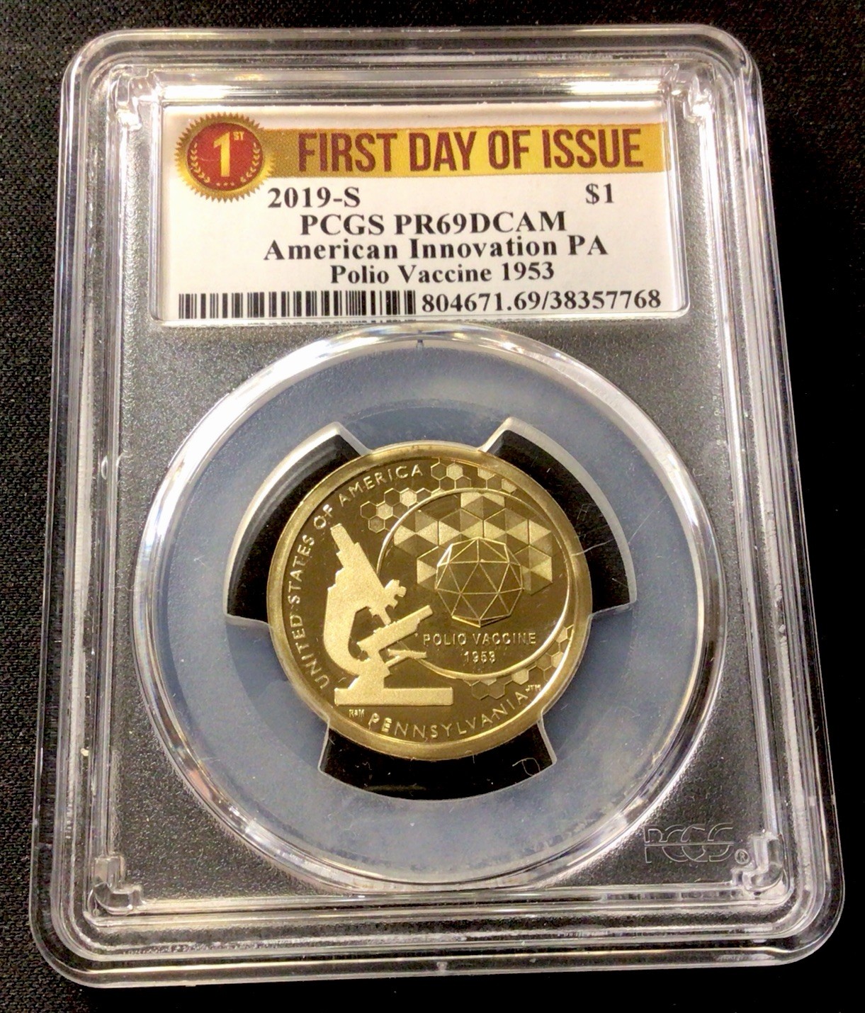 2019 S 1$ Amer. Innov. PA Polio Vaccine ‘53! F.D.O.I.! Proof! PCGS PR69DCAM! ENN