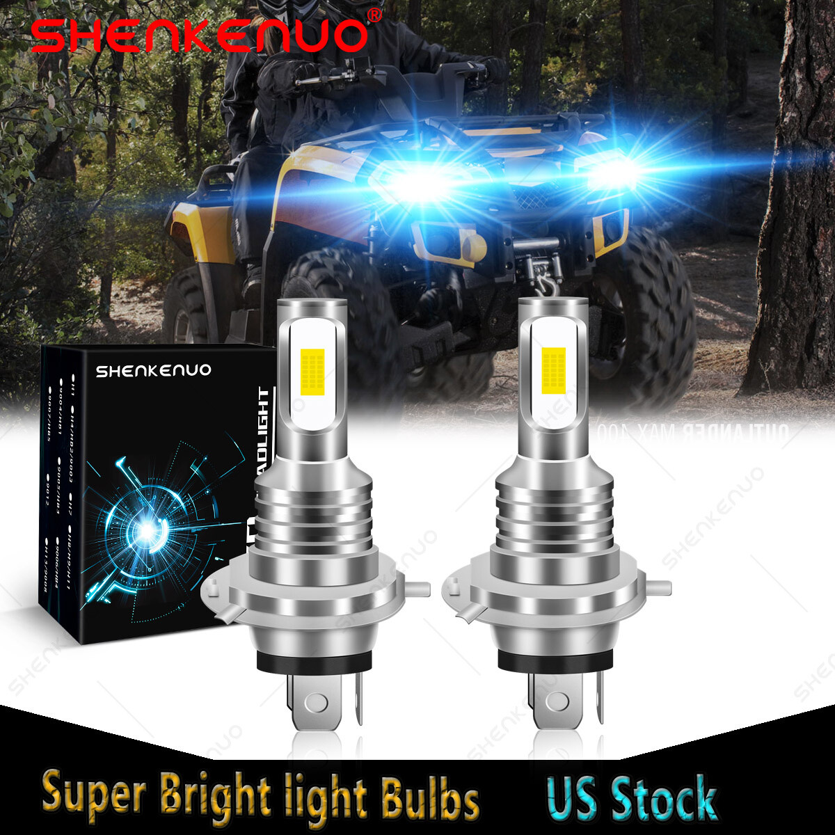 2 Ice Blue LED headlight bulbs for Can-Am Outlander 400 2007-2011, 2014-2015 US