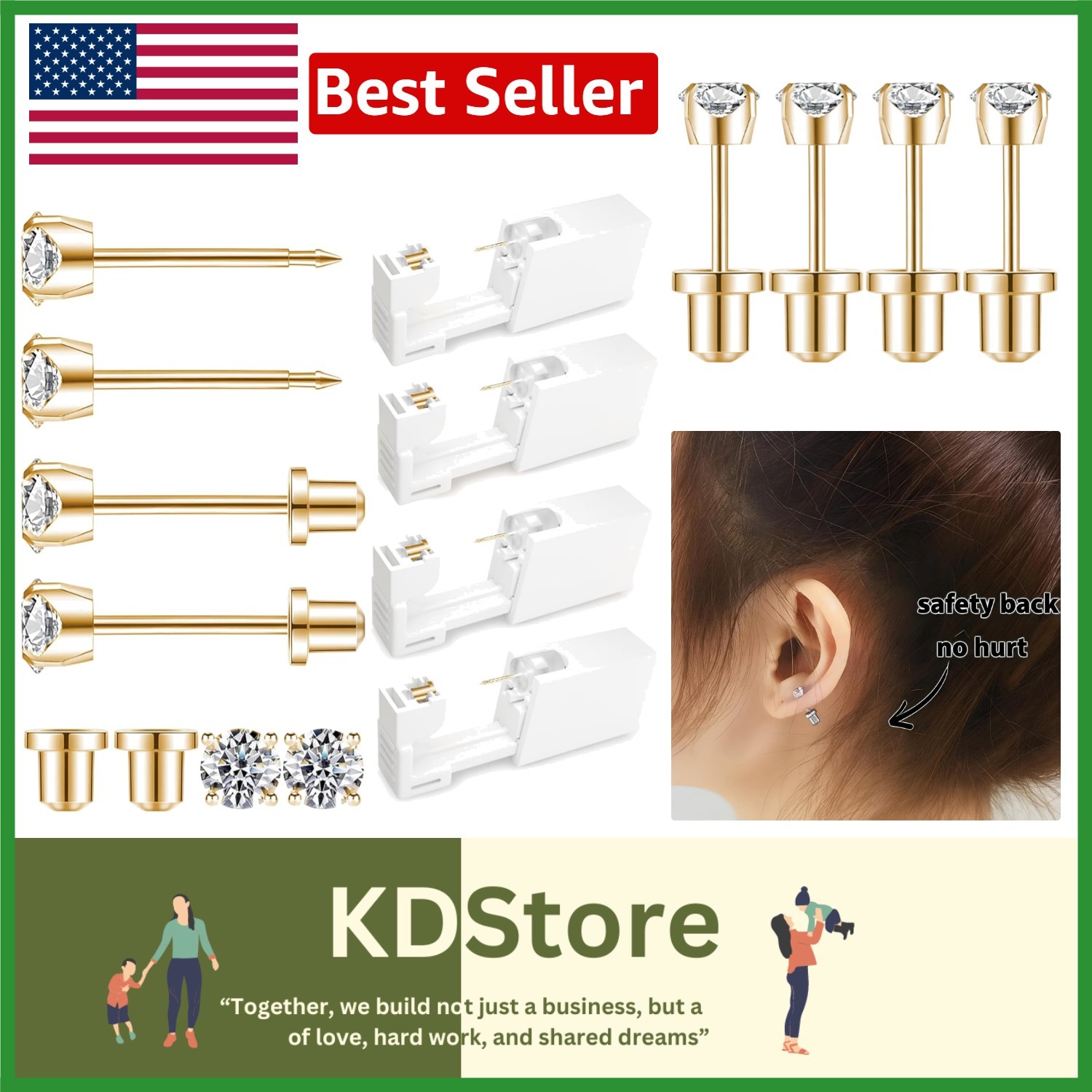 Self-Piercing Ear Kit | 4 Pack Surgical Steel Gun with Elegant Cubic Zirconia