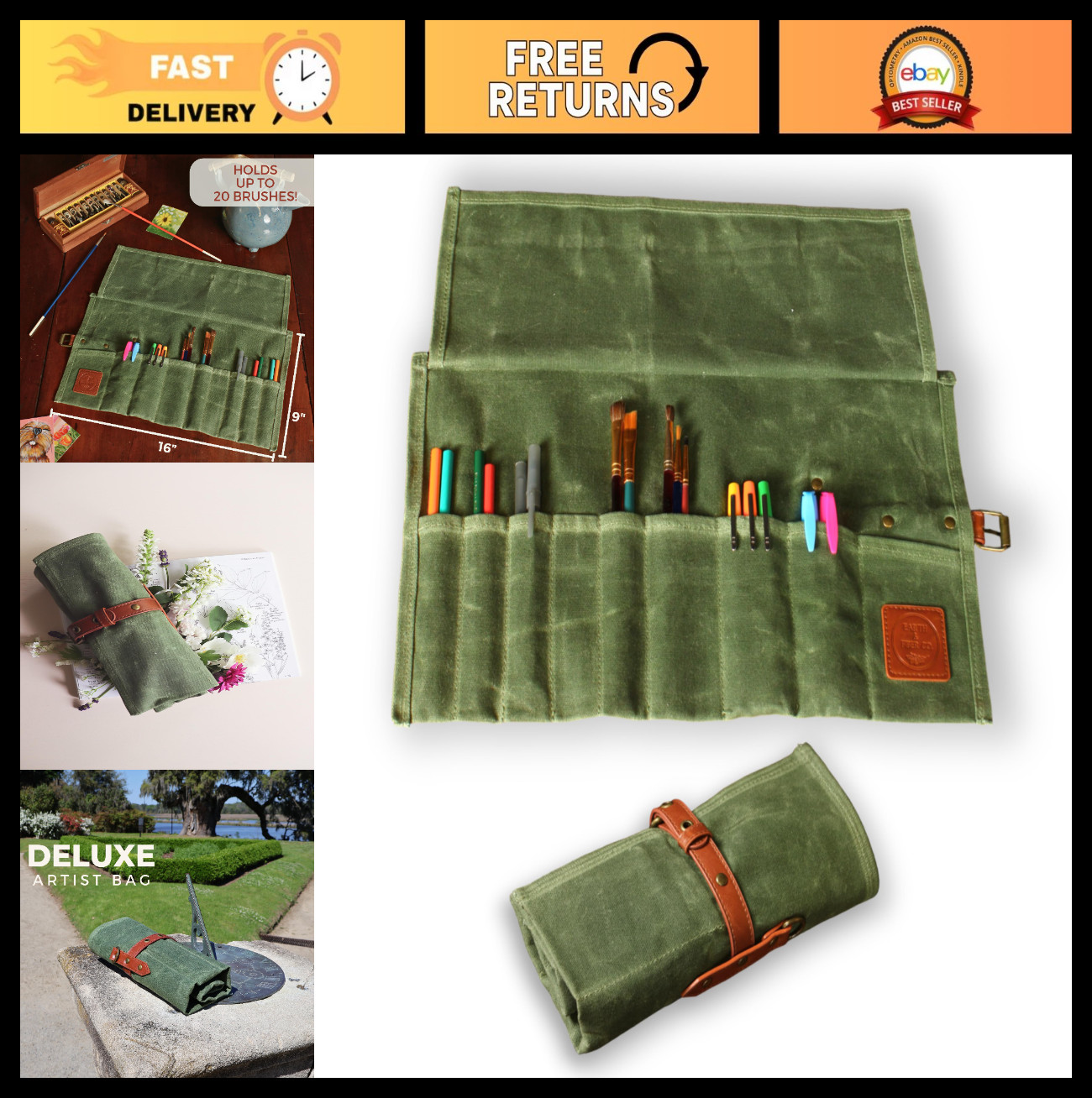 Compact Waxed Canvas Paint Brush Holder - Portable Art Bag for Painting & Drawin
